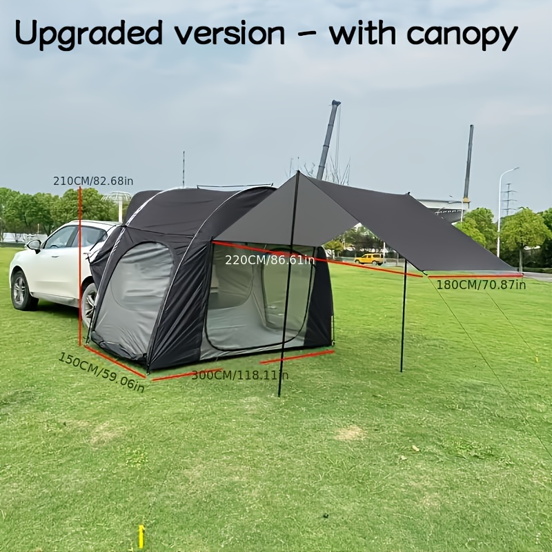Outdoor Camping Car Tail Tent - เต็นท์ท้ายรถสำหรับตั้งแคมป์กลางแจ้ง เต็นท์สำหรับการเดินทางแบบขับรถเที่ยวค้างคืน เปิดใช้งานได้อย่างรวดเร็ว พร้อมหลังคาขนาดใหญ่ที่อัพเกรดแล้วและมีหน้าต่างมุ้ง