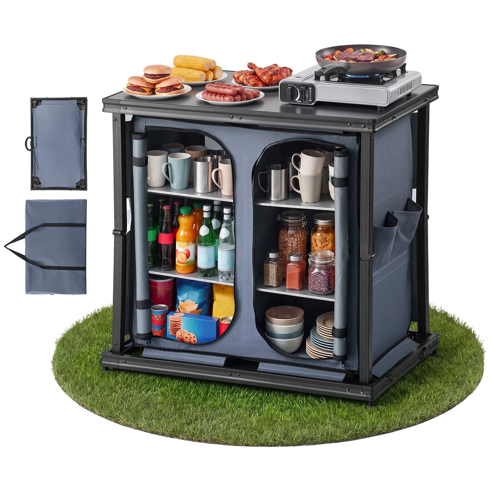 Outdoor Camping Kitchen Setup - ตู้เก็บของพับได้สำหรับตั้งแคมป์, โต๊ะอลูมิเนียมน้ำหนักเบาแบบพกพาสำหรับใช้งานกลางแจ้ง, สถานีทำอาหารขนาดกะทัดรัดติดตั้งง่าย, พร้อมชั้นวาง 6 ชั้นและกระเป๋าหิ้ว,