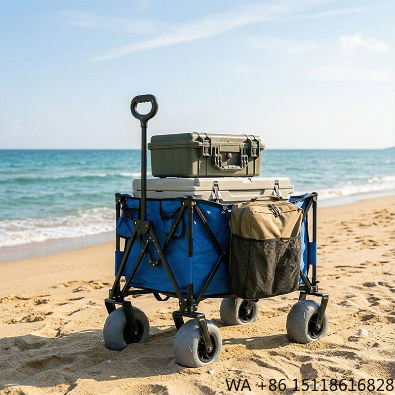 Outdoor Camping Table Foldable - รถเข็นชายหาดโลหะพับได้ ล้อบอลลูนหมุนได้ ถอดประกอบง่าย ขนาดกะทัดรัดและกว้างขวาง เหมาะสำหรับการตั้งแคมป์