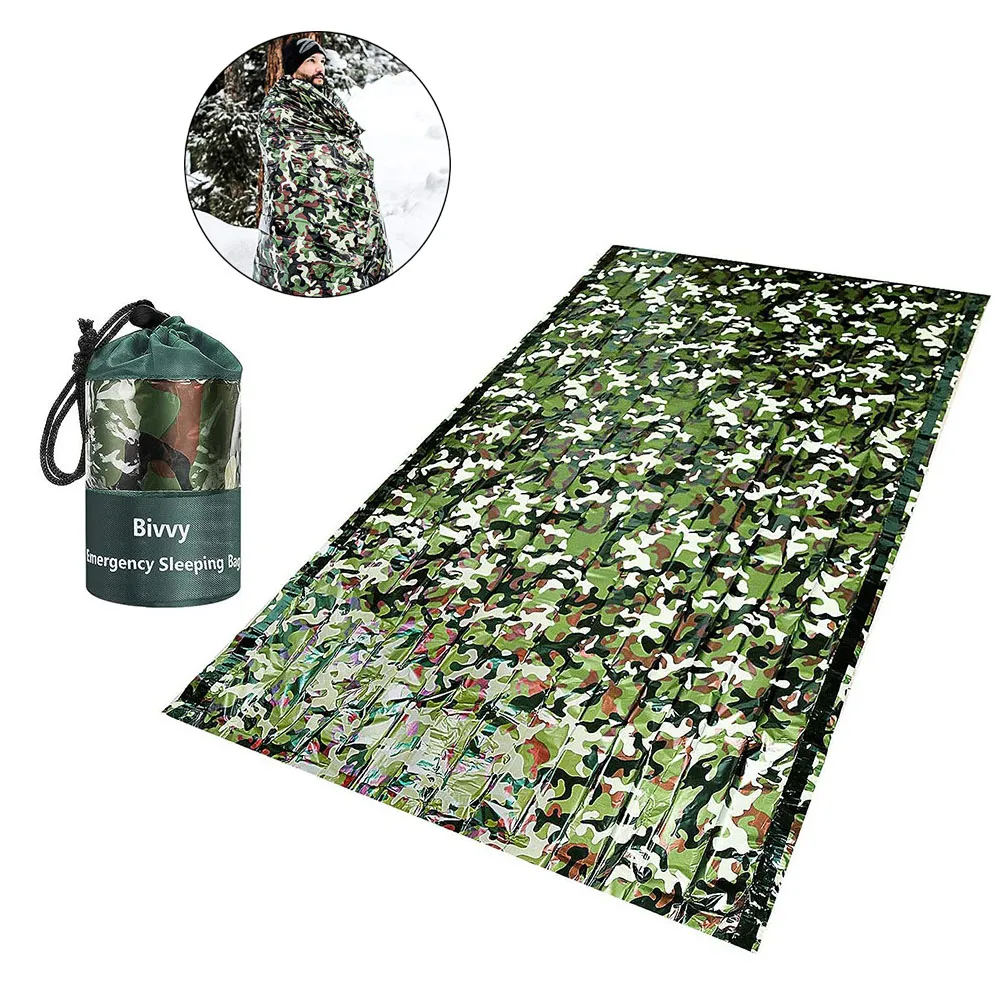 Bivvy Bag Emergency - ถุงนอนฉุกเฉิน PE ลายพรางกันน้ำพกพาได้120x200ซม. ถุงนอนสำหรับตั้งแคมป์กลางแจ้งเดินป่าผจญภัย