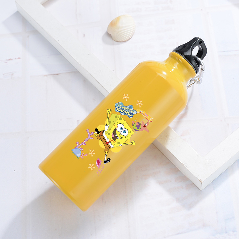 Outdoor Y Camping - ขวดน้ำอลูมิเนียมสปองจ์บ็อบส์สำหรับกิจกรรมกลางแจ้ง ขวดน้ำสีเหลืองสำหรับปั่นจักรยาน กีฬา ขวดน้ำกันรั่วสำหรับเดินทาง วิ่ง และตั้งแคมป์
