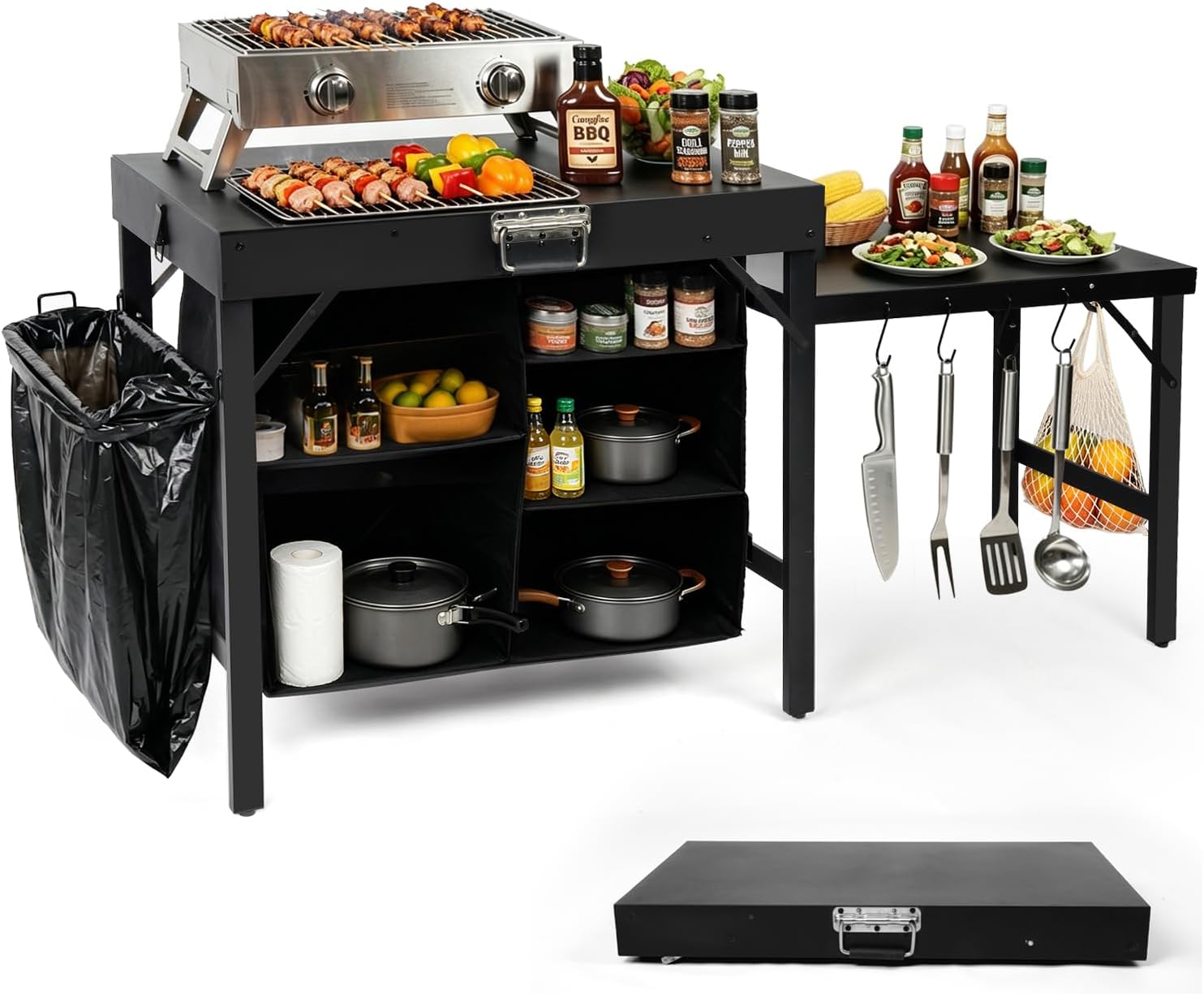 Outdoor Camping Kitchen Setup - ขาตั้งเตาปิ้งย่างแบบพับได้พร้อมชั้นวางของ ทนทาน ใช้สำหรับตั้งแคมป์ ทำอาหารกลางแจ้ง ปิ้งย่าง ปิกนิก