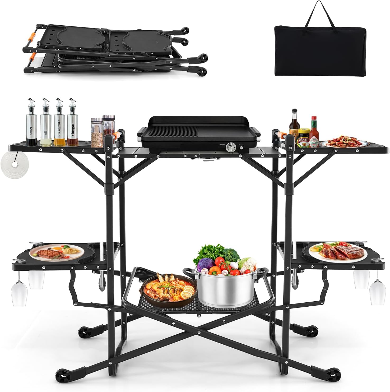 Outdoor Camping Kitchen Setup - โต๊ะทำอาหารพับได้แบบพกพาสำหรับใช้งานกลางแจ้ง พร้อมท็อปทนความร้อน โต๊ะข้าง 4 ตัว และชั้นวางของ
