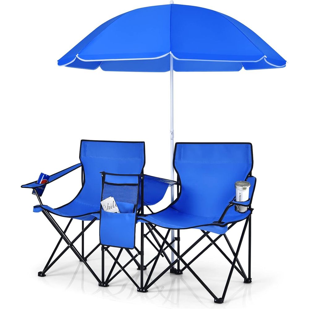 Outdoor Camping Table And Chairs - เก้าอี้ปิกนิกพับได้แบบพกพา พร้อมร่มถอดได้ กล่องเก็บความเย็น และที่วางแก้ว เหมาะสำหรับชายหาดและการตั้งแคมป์ สีฟ้า