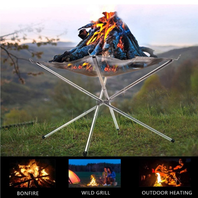 Outdoor Camping Wood Stove - เตาบาร์บีคิวกลางแจ้งแบบพกพา ตะแกรงสำหรับกองไฟ ตะแกรงย่างสเตนเลสสตีล ฐานเตาไฟสำหรับตั้งแคมป์ โครงเตาไม้แบบพับได้