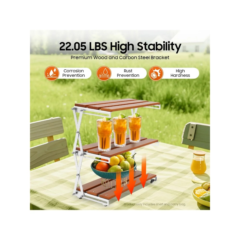 Outdoor Camping Table With Storage - ชั้นวางของพับได้สำหรับแคมป์ปิ้ง 3 ชั้น รถเข็นปิ้งย่างกลางแจ้งแบบพกพา พร้อมชั้นวางไม้และโครงเหล็กโครเมียม