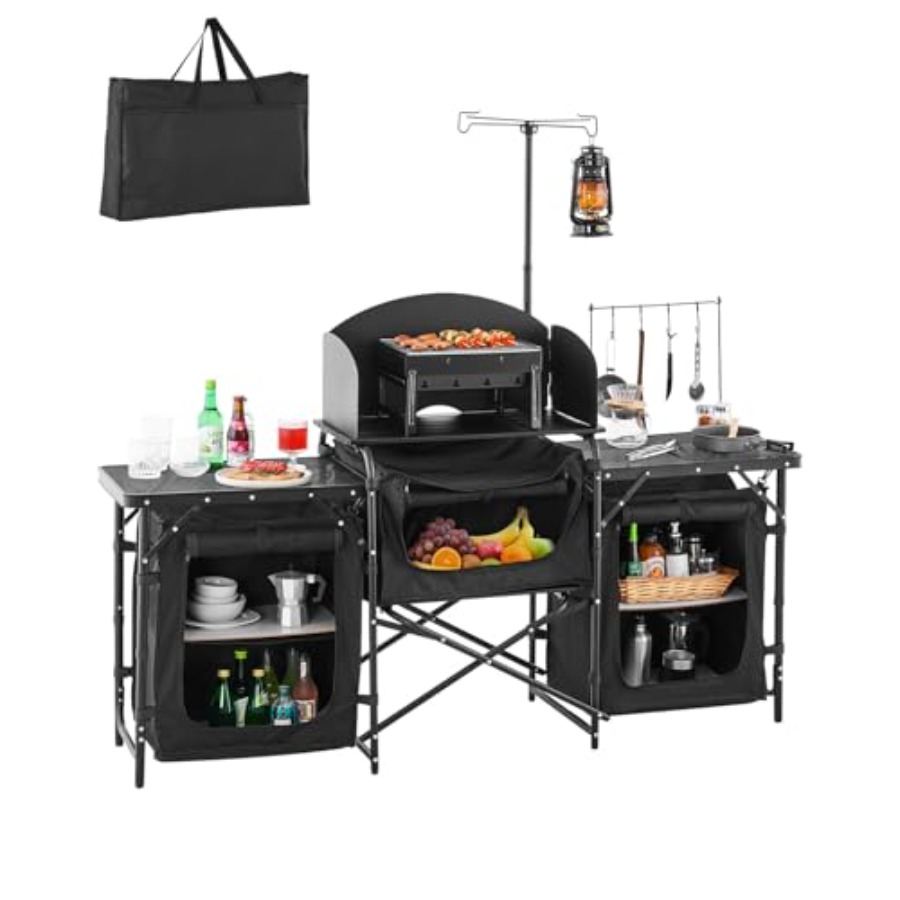 Outdoor Camping Table With Storage - โต๊ะครัวแคมป์ปิ้ง, โต๊ะทำอาหารกลางแจ้ง, สถานีทำอาหารแบบพกพาอะลูมิเนียมพร้อมตู้เก็บของ 3 ช่อง, กระเป๋าหิ้ว,